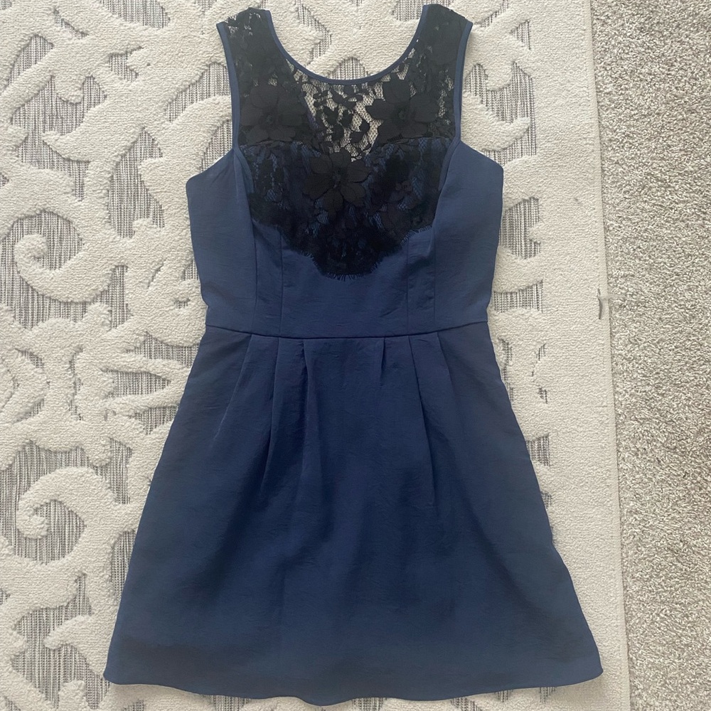 BCBGeneration Navy Dark Blue with Black Lace Detail Fit and Flare Dress